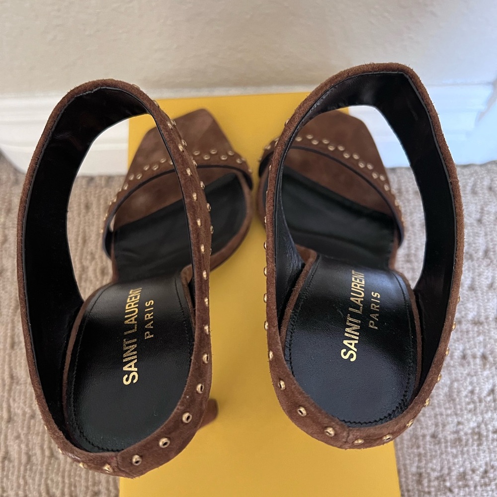 New Saint Laurent Suede Mica Stud Mule Sandals Size 37 Brown - Picture 6 of 9